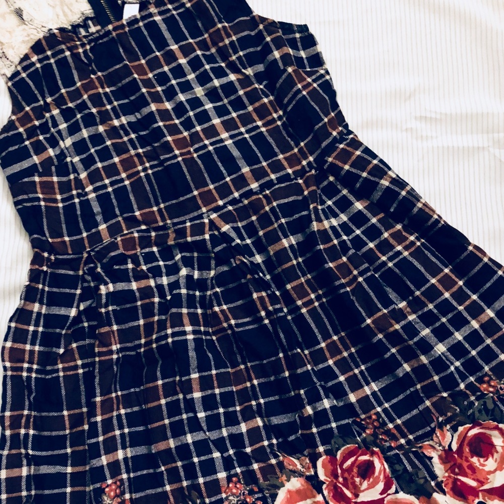 Flannel Dress with Floral and Lace Detailing